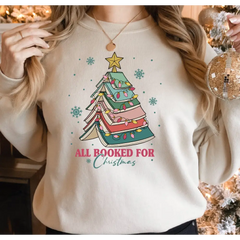 All Booked For Christmas Sweatshirt Gift for Librarian Bookworm Christmas,Christmas Book Tree Sweatshirt Book Lovers