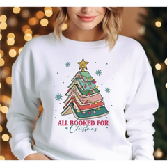 All Booked For Christmas Sweatshirt Gift for Librarian Bookworm Christmas,Christmas Book Tree Sweatshirt Book Lovers