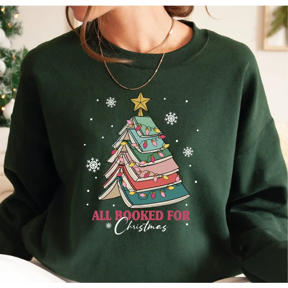 All Booked For Christmas Sweatshirt Gift for Librarian Bookworm Christmas,Christmas Book Tree Sweatshirt Book Lovers