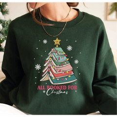 All Booked For Christmas Sweatshirt Gift for Librarian Bookworm Christmas,Christmas Book Tree Sweatshirt Book Lovers