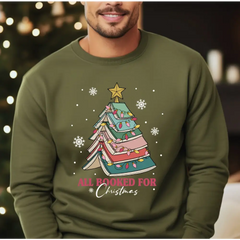 All Booked For Christmas Sweatshirt Gift for Librarian Bookworm Christmas,Christmas Book Tree Sweatshirt Book Lovers