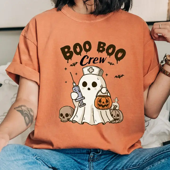 Boo Crew Halloween Nurse Comfort Colors Tshirt Ghost Nurse Shirt,Funny Halloween Nursing Shirt Nurse Fall Shirt