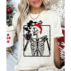Christmas Skeleton Drinking Coffee Comfort Colors Shirt Coffee Lover Christmas Shirt Christmas Lights Comfort Colors