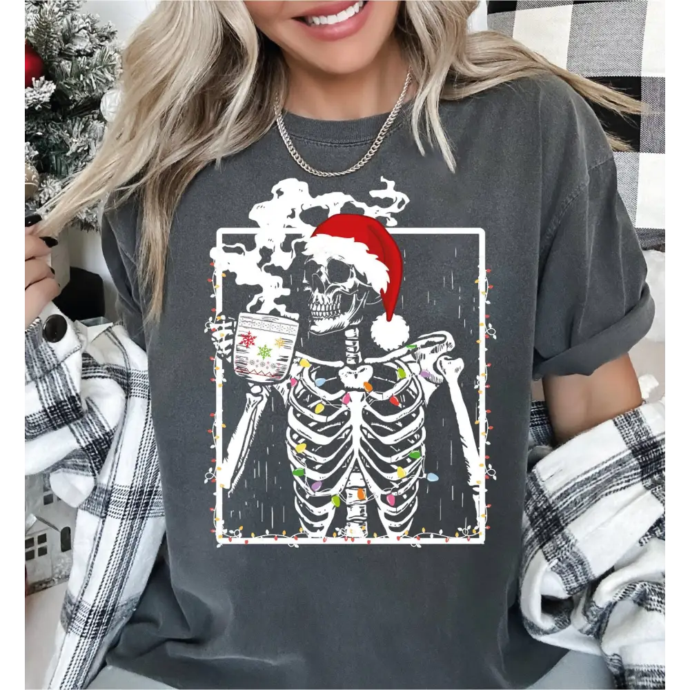 Christmas Skeleton Drinking Coffee Comfort Colors Shirt Coffee Lover Christmas Shirt Christmas Lights Comfort Colors