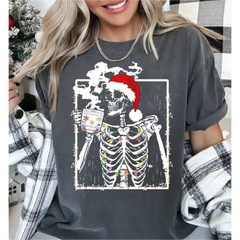 Christmas Skeleton Drinking Coffee Comfort Colors Shirt Coffee Lover Christmas Shirt Christmas Lights Comfort Colors
