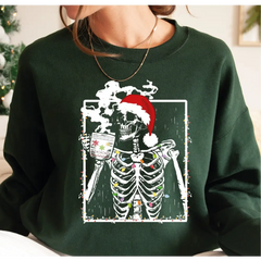 Christmas Skeleton Drinking Coffee Sweatshirt and Hoodie,Coffee Lover Christmas Sweatshirt,Christmas Lights Shirt,Dead