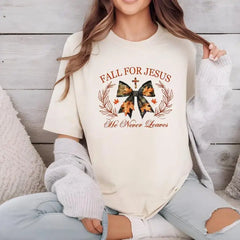 Fall For Jesus He Never Leaves Comfort Colors Tshirt Autumn Shirt Fall Tshirt,Aesthetic shirt Religious fall tee Jesus