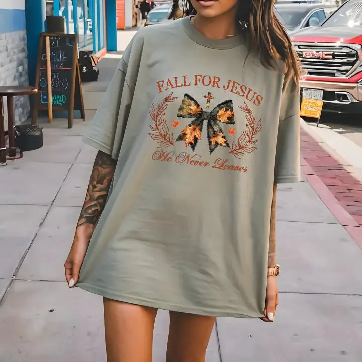 Fall For Jesus He Never Leaves Comfort Colors Tshirt Autumn Shirt Fall Tshirt,Aesthetic shirt Religious fall tee Jesus