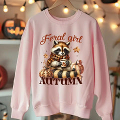 Feral Girl Autumn Sweatshirt Trendy Fall Season Hoodie,Pumpkin Season Retro Fall Season Shirt Autumn Raccoon,Funny