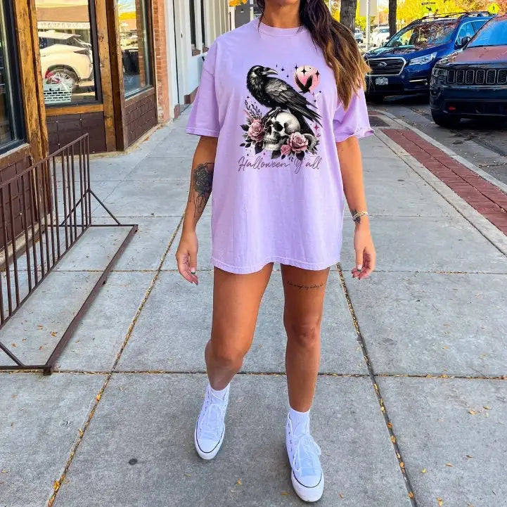 Halloweentown Yall Women’s T-shirt Pink Skeleton Halloween Shirt Pink Skull Flowers Shirt Retro Halloween Shirt,Fall