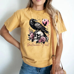 Halloweentown Yall Women’s T-shirt Pink Skeleton Halloween Shirt Pink Skull Flowers Shirt Retro Halloween Shirt,Fall