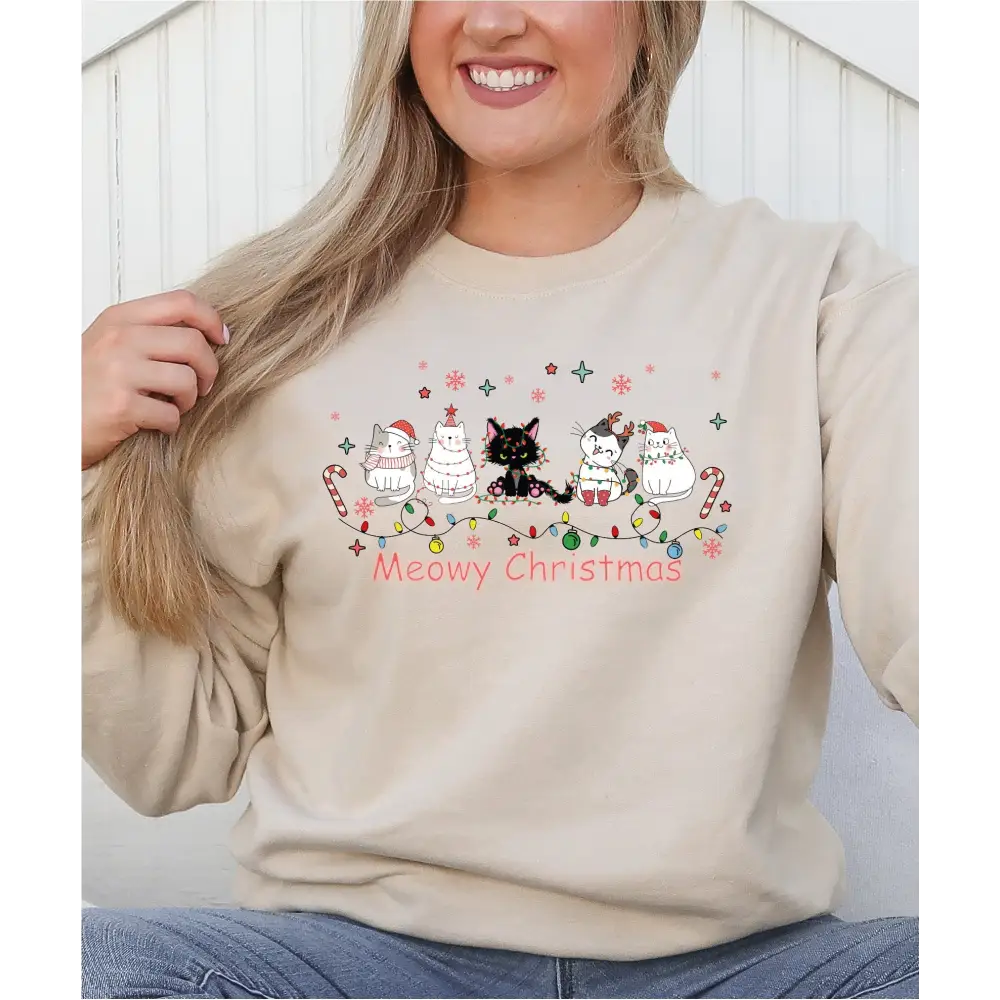 Meowy Christmas Sweatshirt Happy Cats Hoodie Funny Cats Christmas Sweatshirt Cat Lovers Xmas Sweater LS661 - Physical