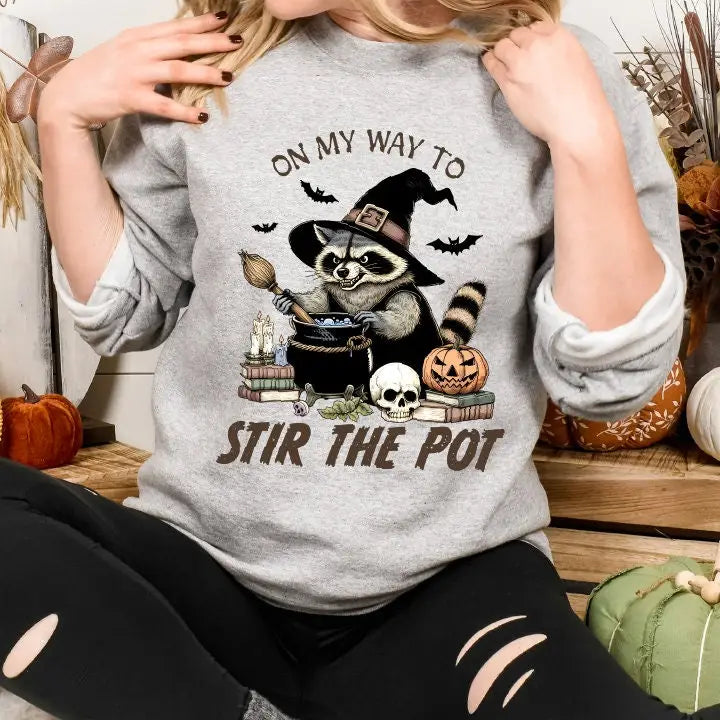 On My Way to Stir the Pot halloween Sweatshirt Halloween Raccoon Hoodie Funny Raccoon Shirt,Pumpkin Shirt Horror