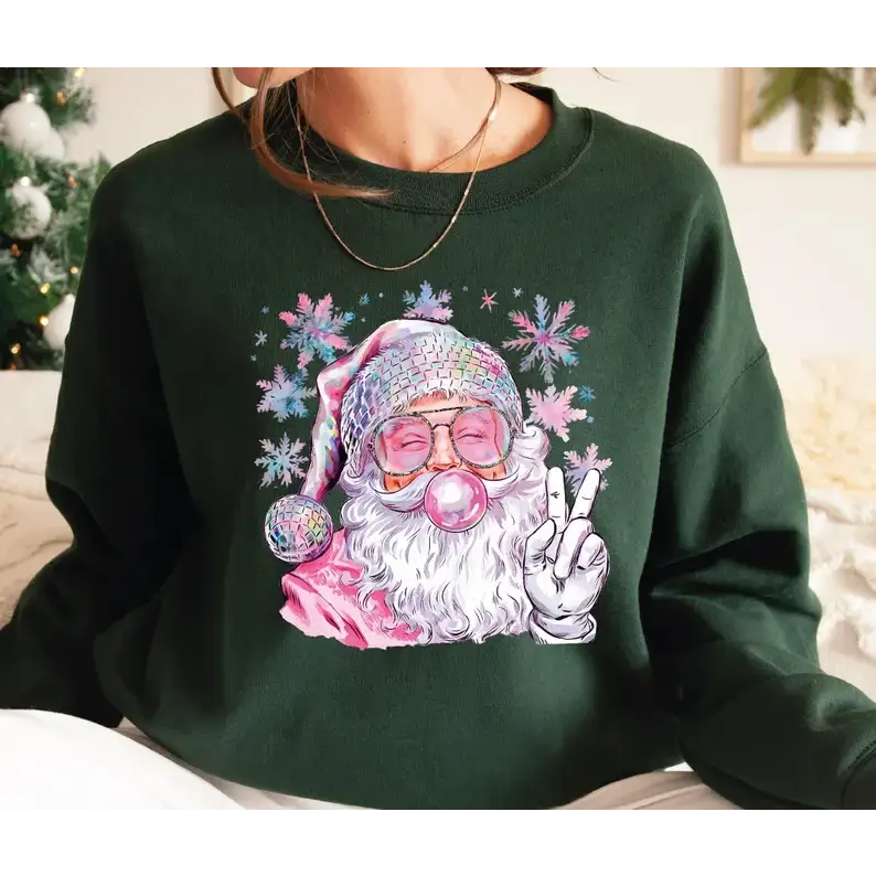 Santa Bubble Gum Christmas Sweatshirt Funny Santa With Sunglasses Shirt Pink Santa Christmas Sweater - Physical