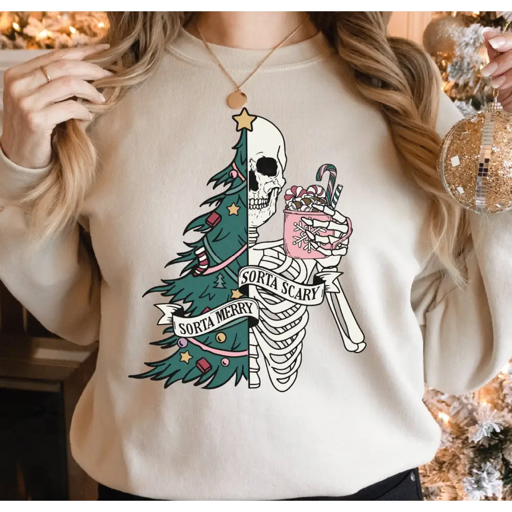 Sorta Merry Sorta Scary Sweatshirt and Hoodie Funny Christmas Sweatshirt Cute Spooky Season Sweater Christmas Skeleton