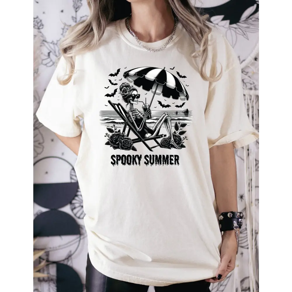 Spooky Summer Comfort Colors Shirt Woman Skeleton Shirt Flowers Shirt Bat Shirt,Funny Gothic Tee Floral Skull T-Shirt