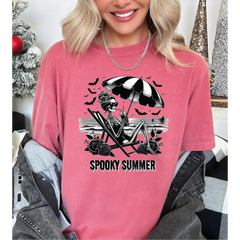 Spooky Summer Comfort Colors Shirt Woman Skeleton Shirt Flowers Shirt Bat Shirt,Funny Gothic Tee Floral Skull T-Shirt