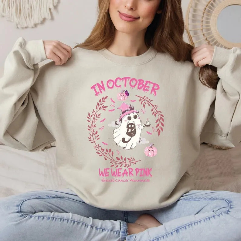 Breast Cancer Awareness Sweatshirt In October We Wear Pink Boo Sweatshirt Halloween Ghost Pink Ribbon Sweatshirt VLB726