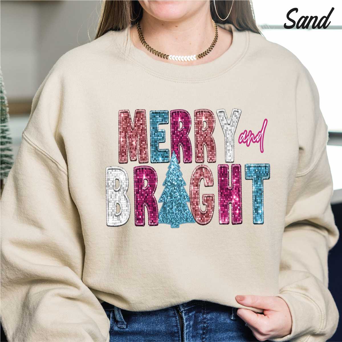 Merry And Bright Christmas Sweatshirt Christmas Gift Sweatshirt cstmzn-chrstms-006