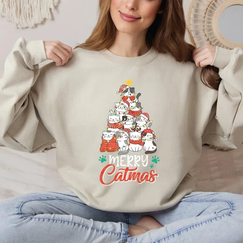 Merry Catmas Sweatshirt, Meowy Christmas Sweatshirt, Christmas Cat Sweatshirt, Cat Lover Sweatshirt, Christmas Gift VLB828