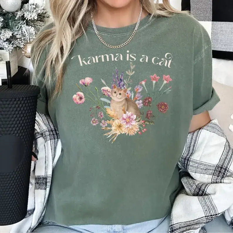 Comfort Colors Shirt Karma Is A Cat Shirt Cute Cat Shirt Christmas Gifts Music Concert Shirt Gift For Girl Funny Cat