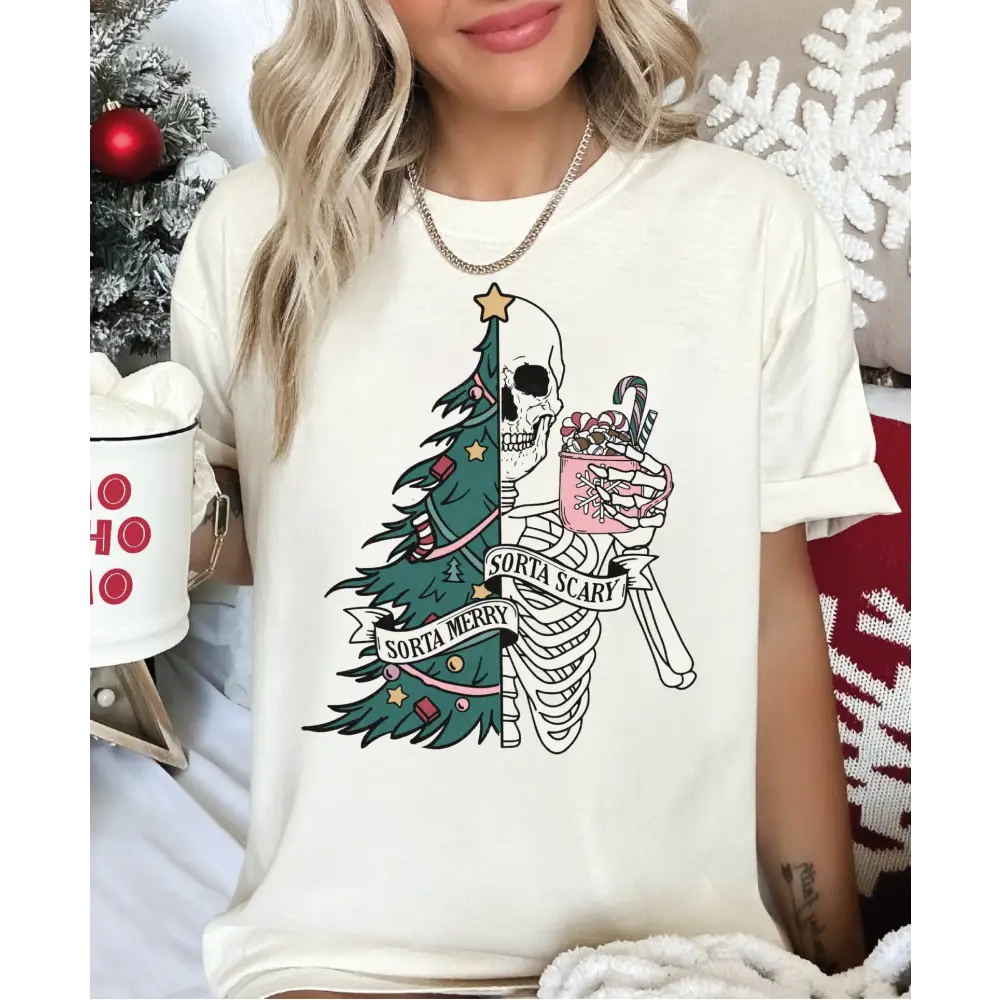 Comfort Colors Sorta Merry Sorta Scary Shirt Funny Christmas Shirt Cute Spooky Season Shirt Christmas Skeleton Shirt