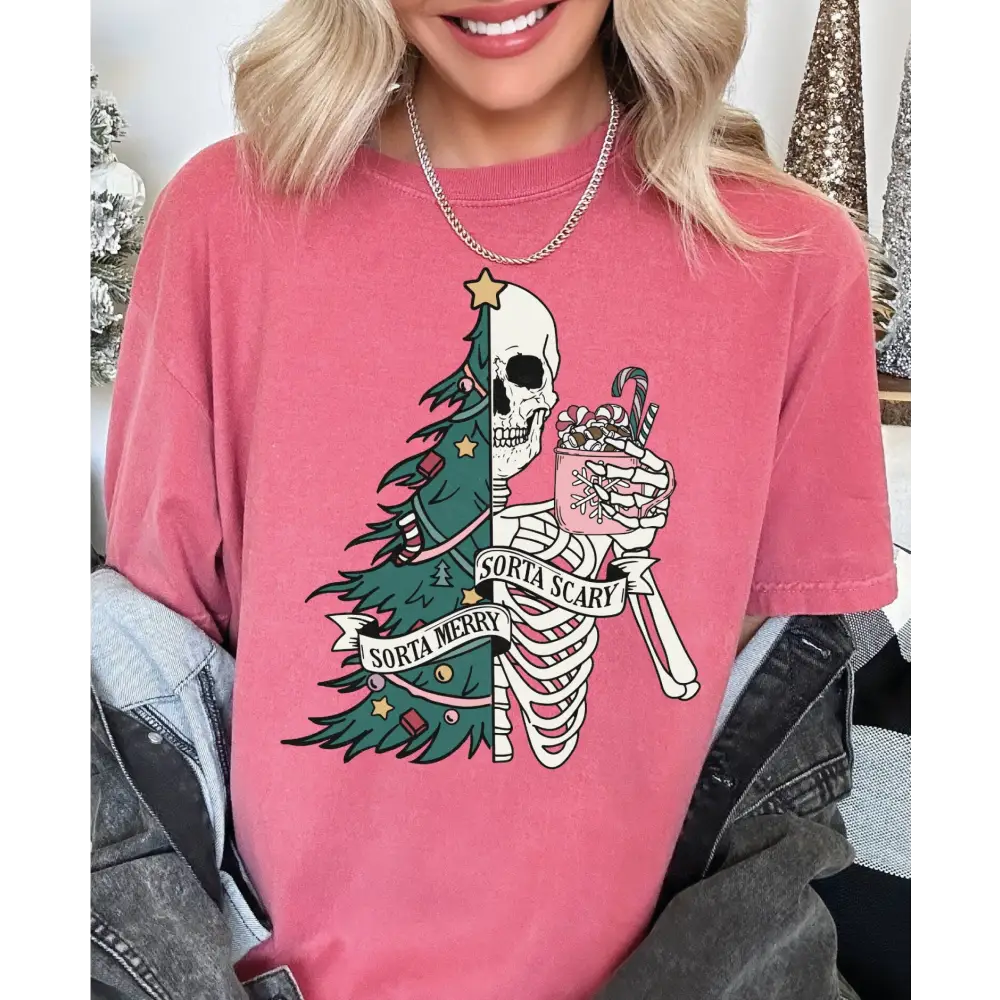 Comfort Colors Sorta Merry Sorta Scary Shirt Funny Christmas Shirt Cute Spooky Season Shirt Christmas Skeleton Shirt