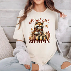 Feral Girl Autumn Comfort Colors T-Shirt,Fall Season,Pumpkin Season Retro Fall Season Shirt Autumn Raccoon,Funny