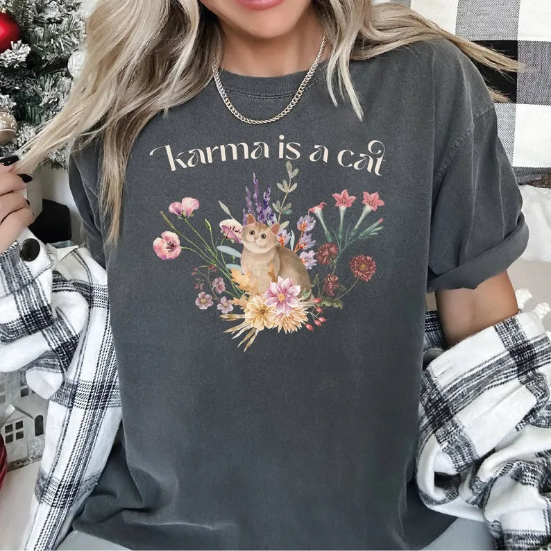 Comfort Colors Shirt, Karma Is A Cat Shirt, Cute Cat Shirt, Christmas Gifts, Music Concert Shirt, Gift For Girl, Funny Cat Shirt VLB018