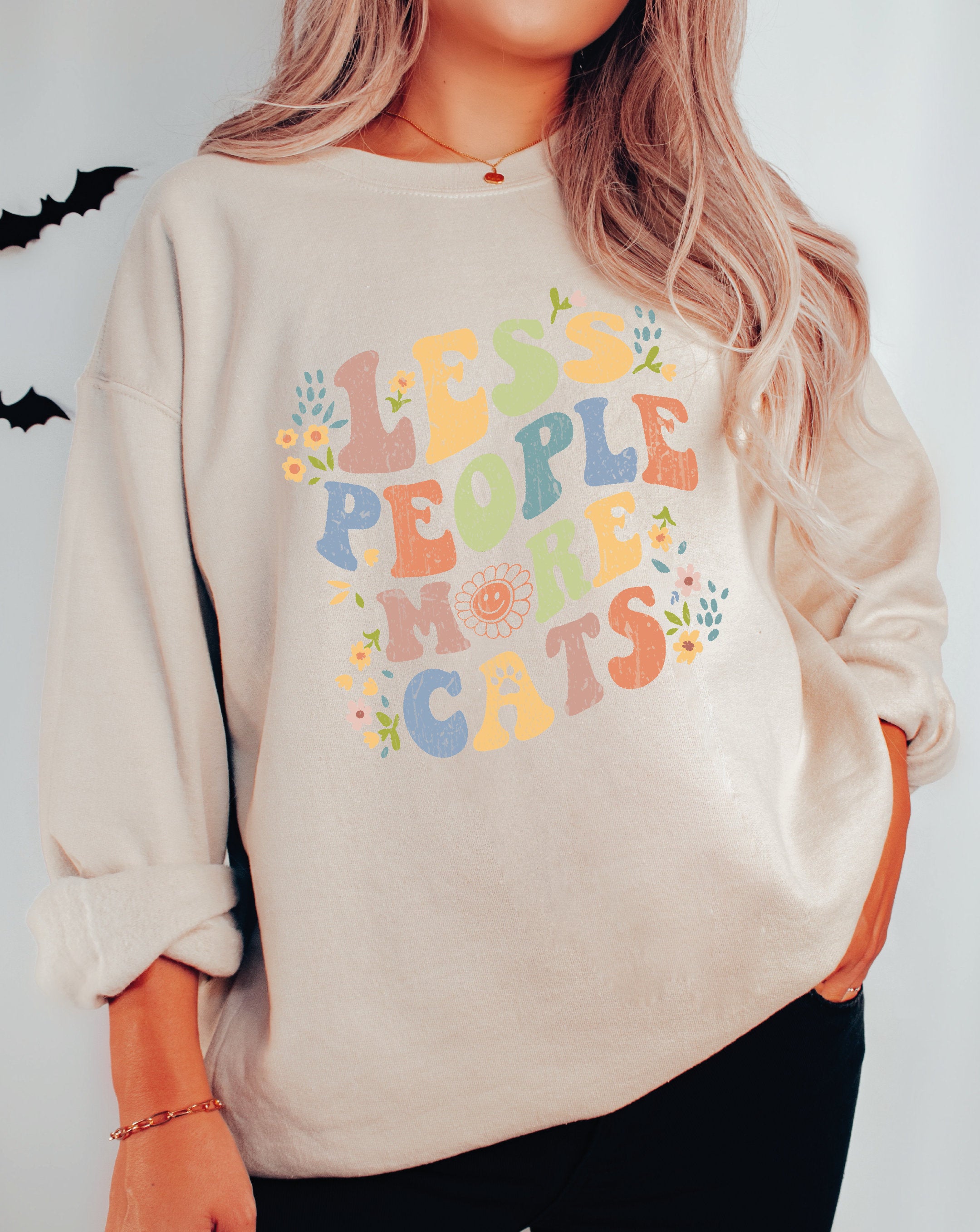 Less People More Cats Sweatshirt Retro Cat Lover Floral Cat Lover Gift Funny Cat Sweatshirt Gift-513