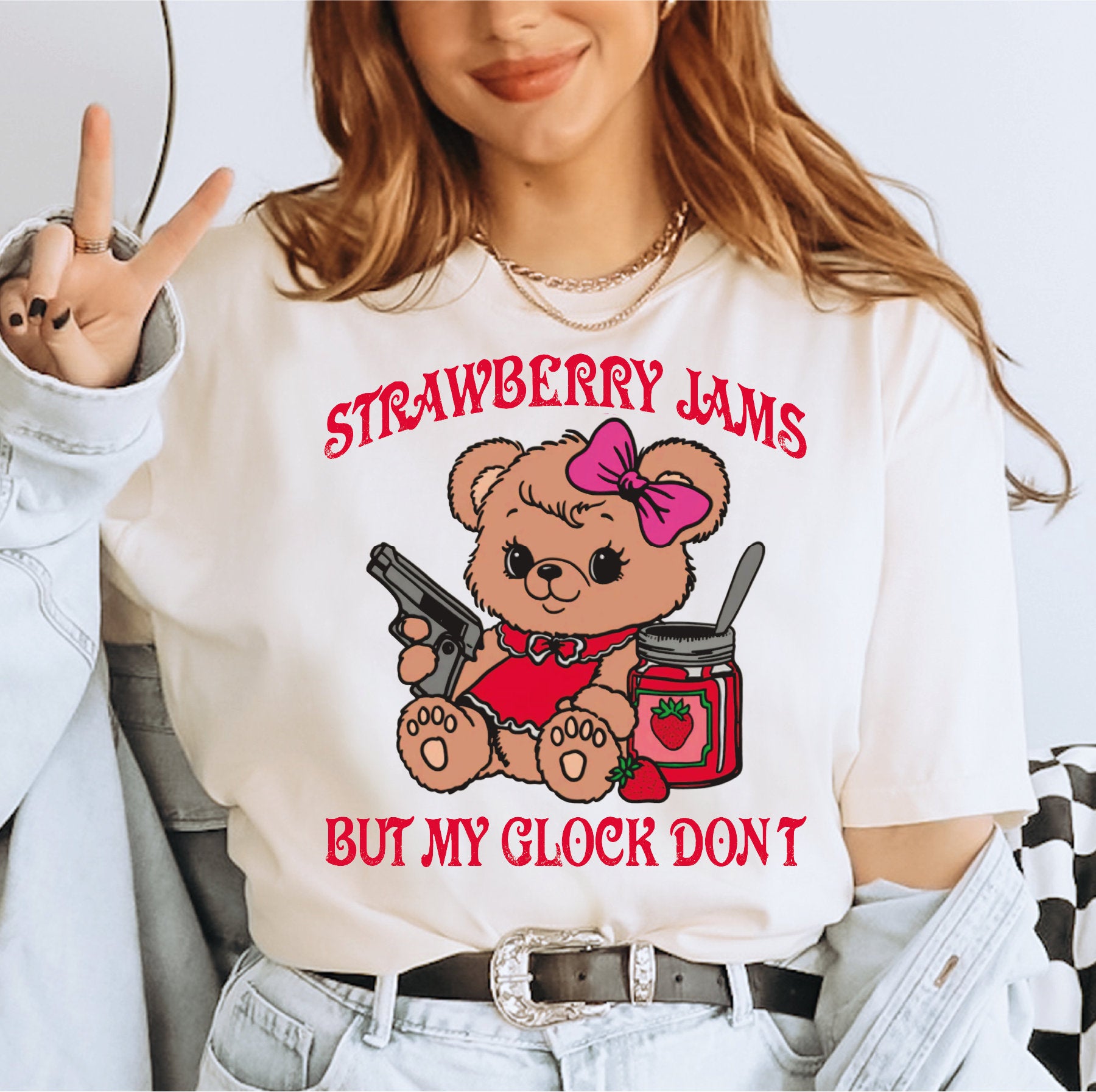 Strawberry Jams But My Glock Don’t Shirt Comfort Colors Funny Bear Shirt Funny Meme Shirt LS901