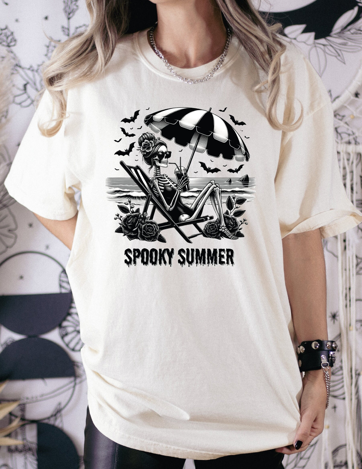 Spooky Summer Comfort Colors Shirt Woman Skeleton Shirt Flowers Shirt Bat Shirt,Funny Gothic Tee Floral Skull T-Shirt