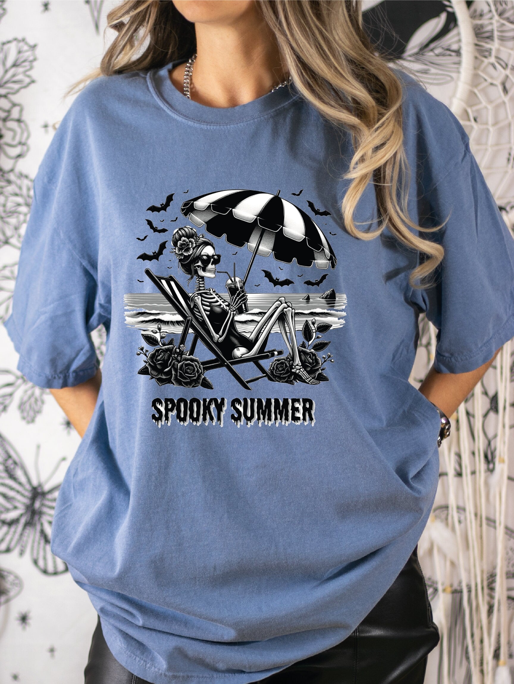 Spooky Summer Comfort Colors Shirt Woman Skeleton Shirt Flowers Shirt Bat Shirt,Funny Gothic Tee Floral Skull T-Shirt