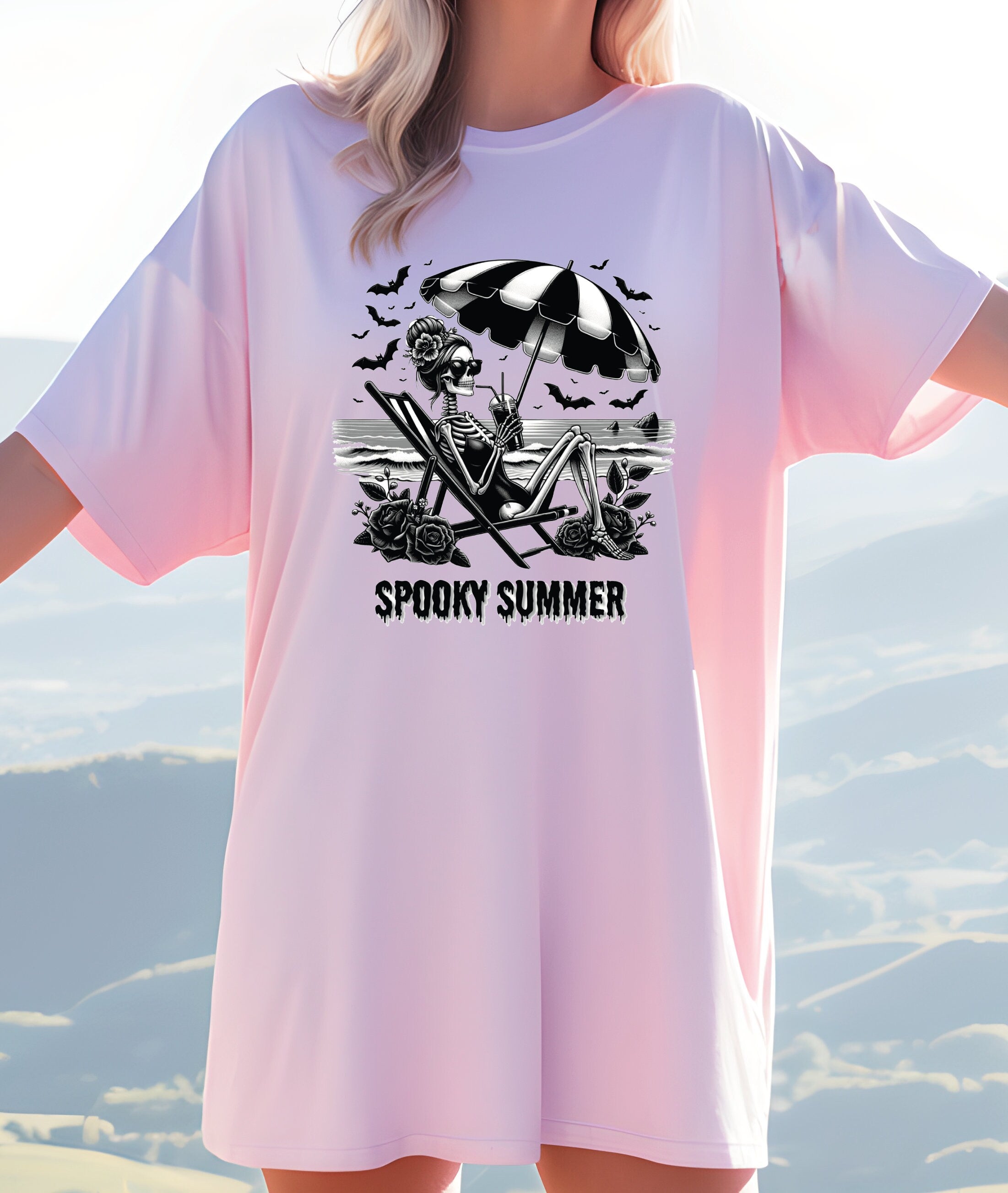 Spooky Summer Comfort Colors Shirt Woman Skeleton Shirt Flowers Shirt Bat Shirt,Funny Gothic Tee Floral Skull T-Shirt