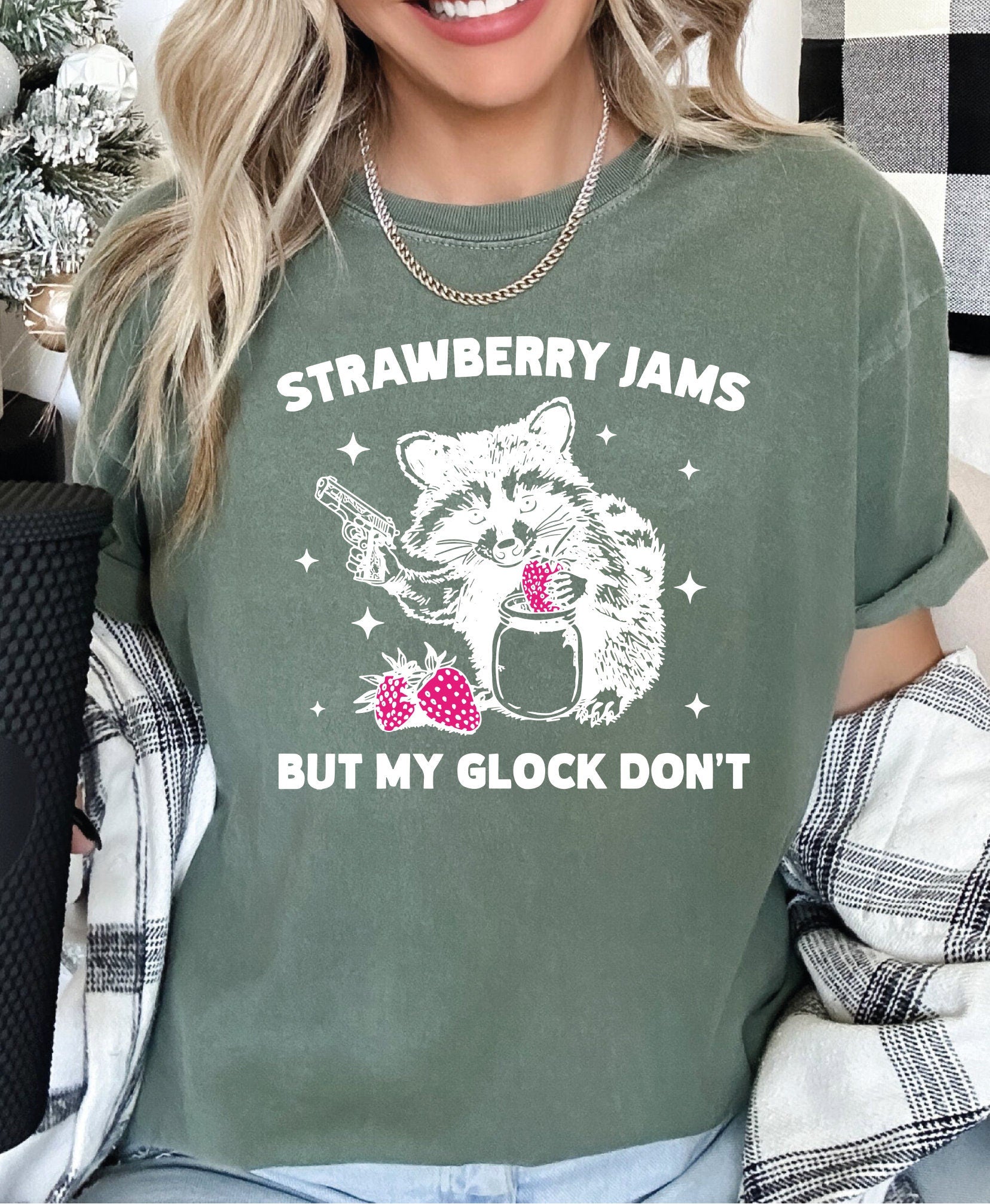 Strawberry Jams But My Glock Don’t Shirt Comfort Colors Funny Raccoon Shirt Funny Meme Opossum Shirt L006