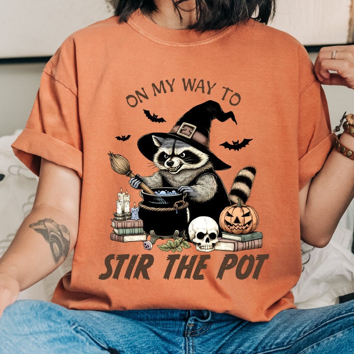 On My Way to stir the Pot Halloween Comfort Colors T-Shirt,Fall Season Pumpkin Season Funny Halloween Raccoon,SAS1561