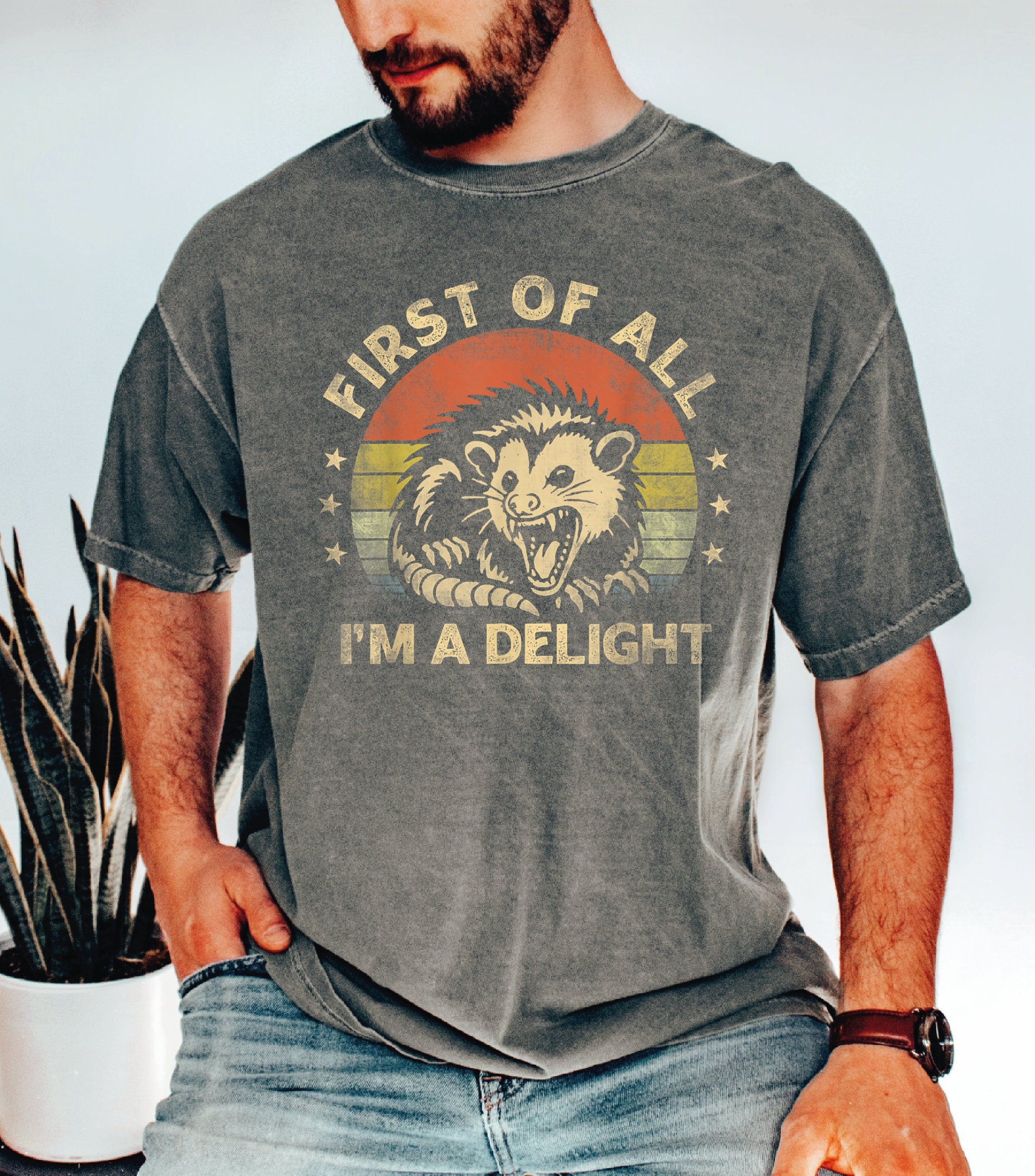 Retro First Of All I’m A Delight Sarcastic Angry Opossum Shirt Comfort Colors Funny Opossum Lover Shirt Cute