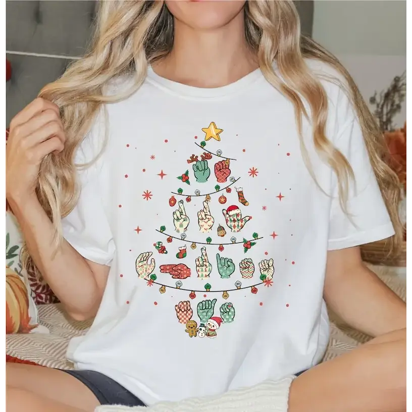 Sign Language Christmas Tree Shirt Merry Christmas ASL Shirt Hand Language Xmas Shirt Deaf Awareness Gift LS714