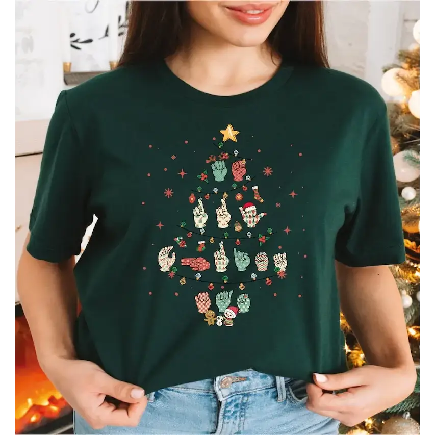 Sign Language Christmas Tree Shirt Merry Christmas ASL Shirt Hand Language Xmas Shirt Deaf Awareness Gift LS714