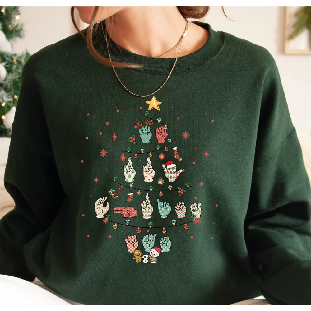 Sign Language Christmas Tree Sweatshirt Merry Christmas ASL Sweatshirt Hand Language Xmas Shirt Deaf Awareness Gift