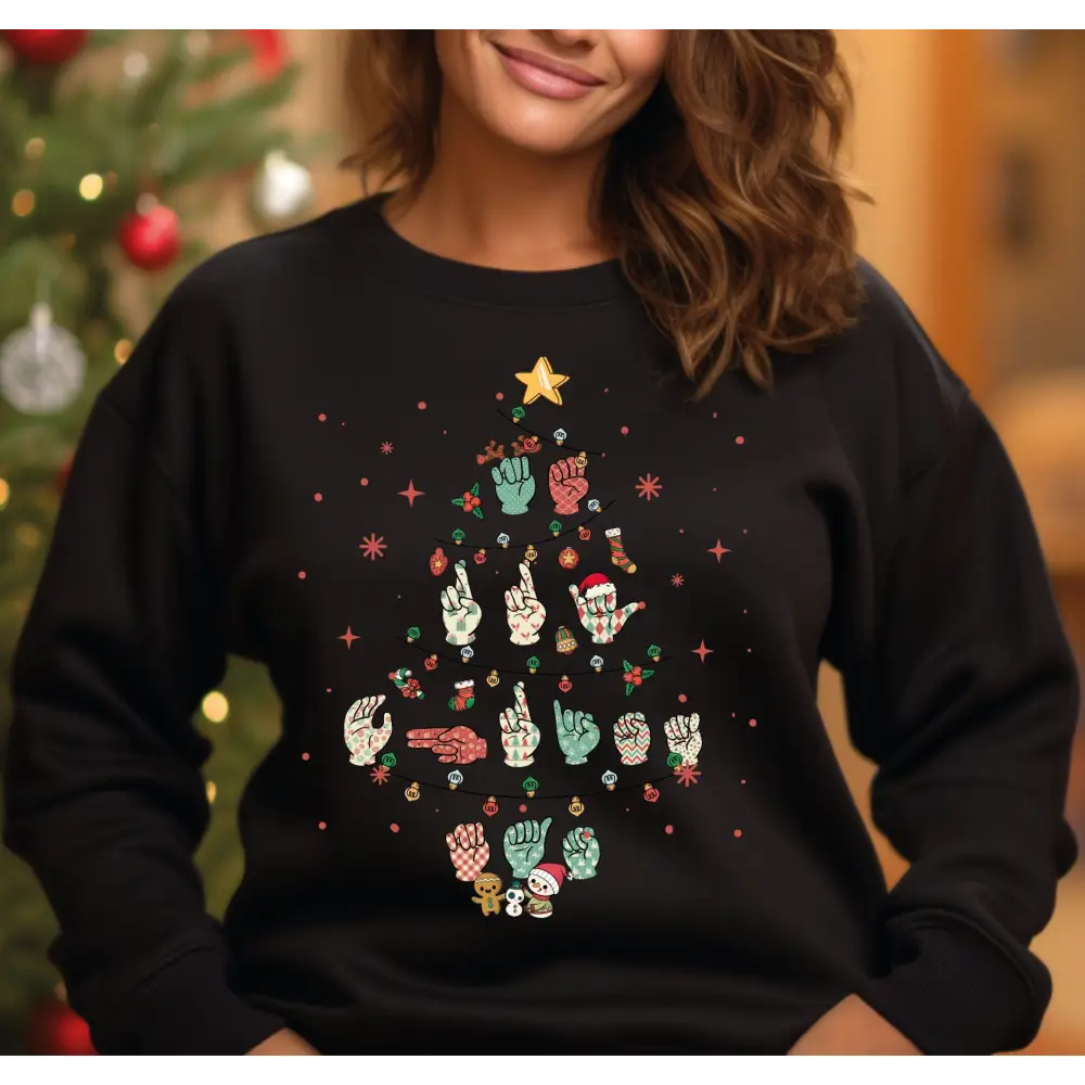 Sign Language Christmas Tree Sweatshirt Merry Christmas ASL Sweatshirt Hand Language Xmas Shirt Deaf Awareness Gift