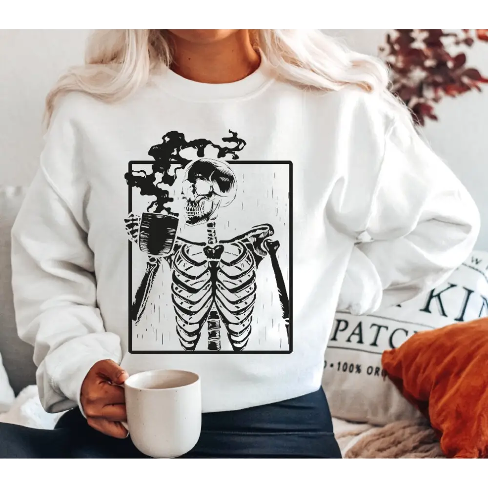 Skeleton Drinking Coffee Sweatshirt Coffee Skeleton Sweater Halloween Skeleton Hoodie Coffee Lover Shirt Skull Shirt