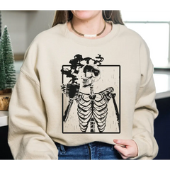 Skeleton Drinking Coffee Sweatshirt Coffee Skeleton Sweater Halloween Skeleton Hoodie Coffee Lover Shirt Skull Shirt