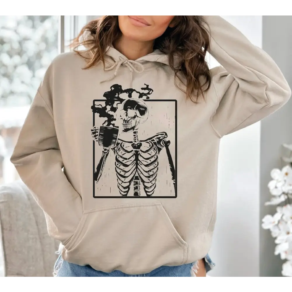 Skeleton Drinking Coffee Sweatshirt Coffee Skeleton Sweater Halloween Skeleton Hoodie Coffee Lover Shirt Skull Shirt