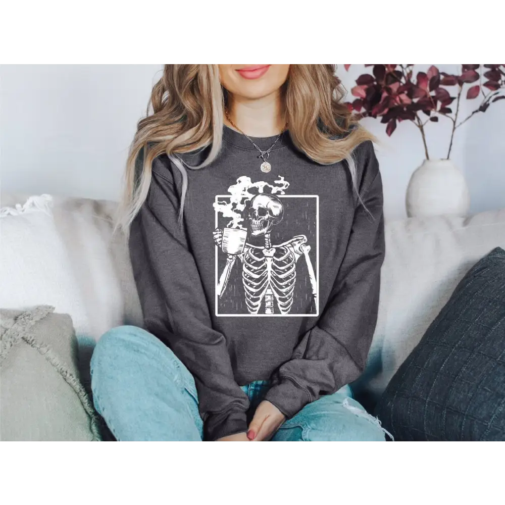 Skeleton Drinking Coffee Sweatshirt Coffee Skeleton Sweater Halloween Skeleton Hoodie Coffee Lover Shirt Skull Shirt