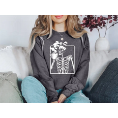 Skeleton Drinking Coffee Sweatshirt Coffee Skeleton Sweater Halloween Skeleton Hoodie Coffee Lover Shirt Skull Shirt