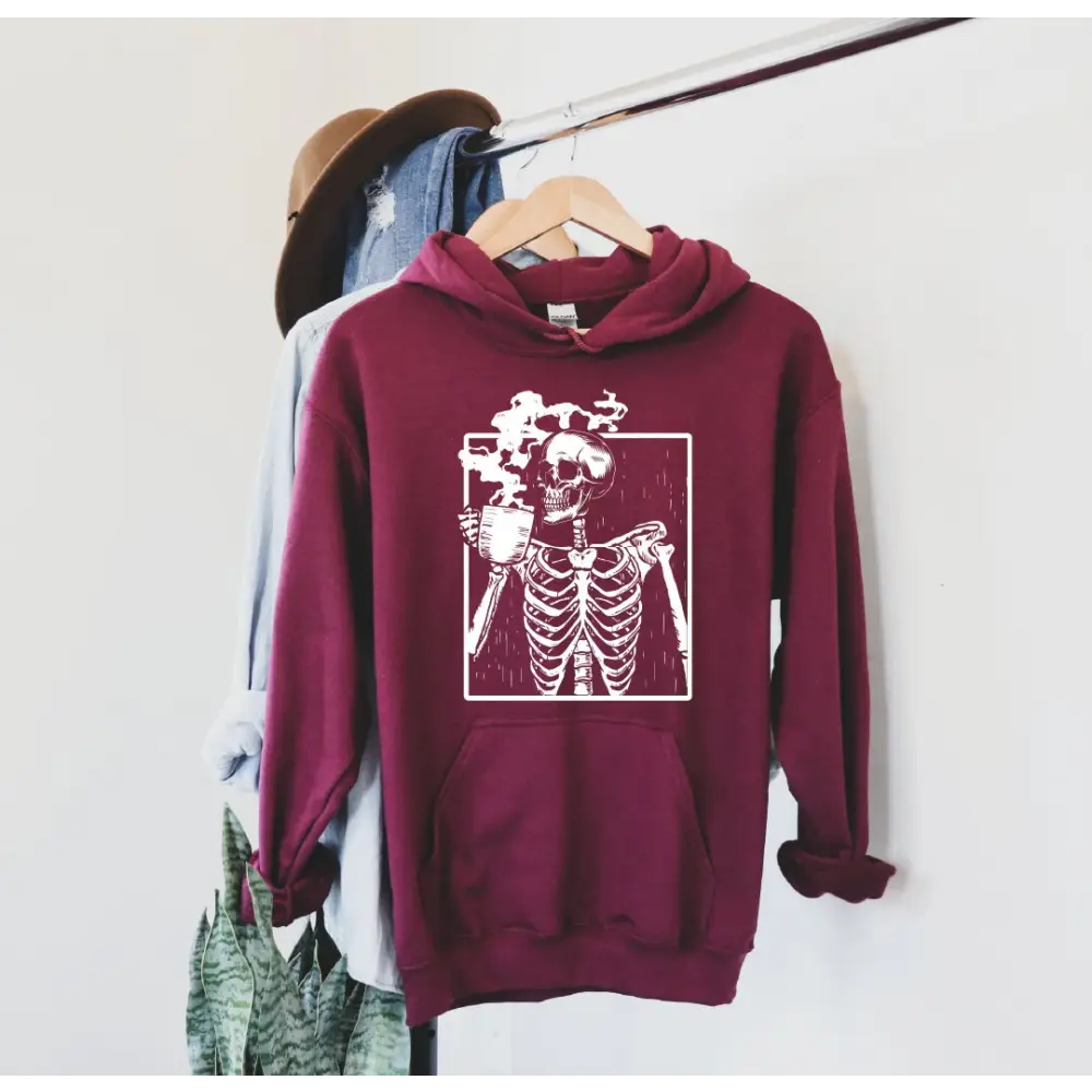 Skeleton Drinking Coffee Sweatshirt Coffee Skeleton Sweater Halloween Skeleton Hoodie Coffee Lover Shirt Skull Shirt