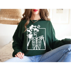 Skeleton Drinking Coffee Sweatshirt Coffee Skeleton Sweater Halloween Skeleton Hoodie Coffee Lover Shirt Skull Shirt