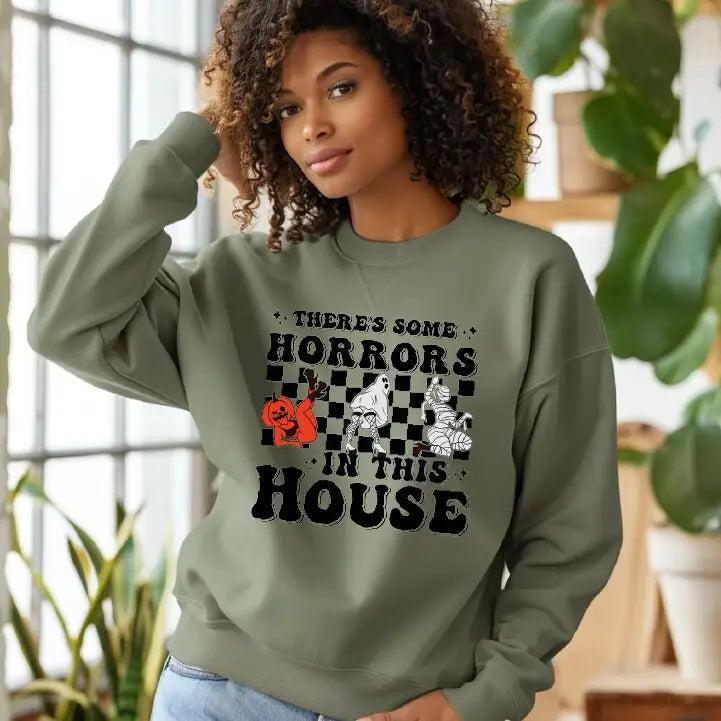 There’s Some Horrors In This House Sweatshirt Spooky Season Halloween Halloween Pumpkin Funny Halloween Shirt