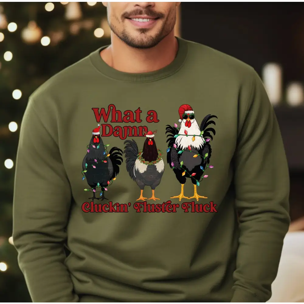 What A Damn Cluckin Fluster Fluck Christmas Lights Sweatshirt and Hoodie Chicken Lovers Christmas Sweatshirt Funny